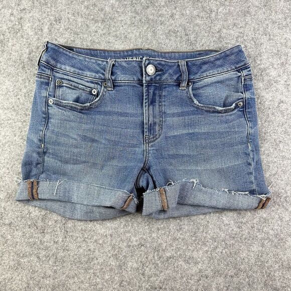 American Eagle Jean Shorts Womens 8 Blue Medium Wash Cut Off Favorite Boyfriend* - Picture 1 of 12
